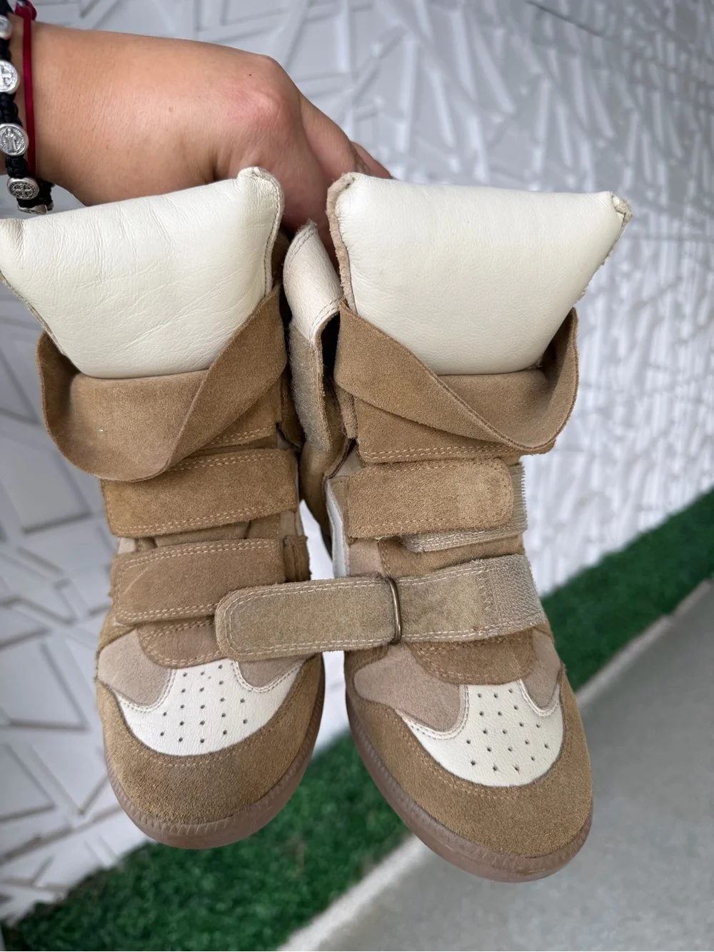 Isabel Marant Tan and Cream Wedge Sneakers